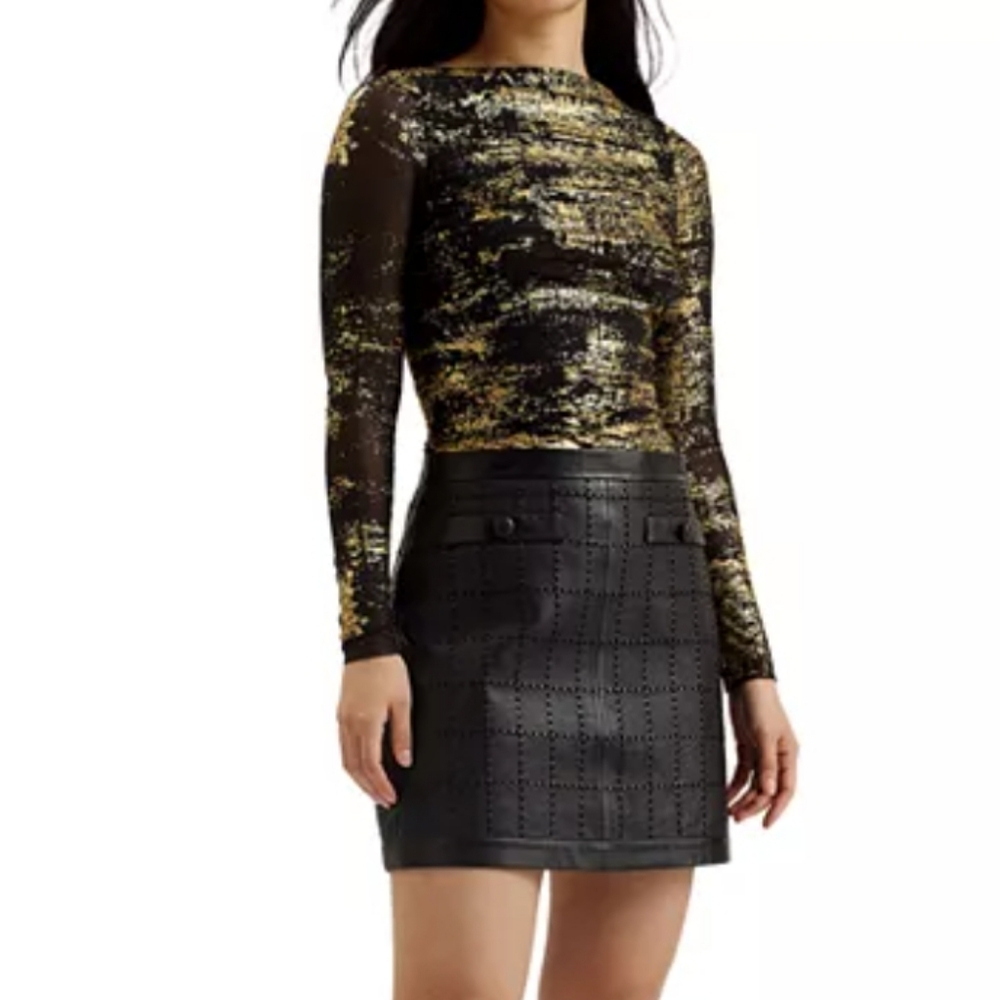Ted Baker Size 1 (Fits Like A S Or 4) Black Gold Mesh Top MSRP $135.00